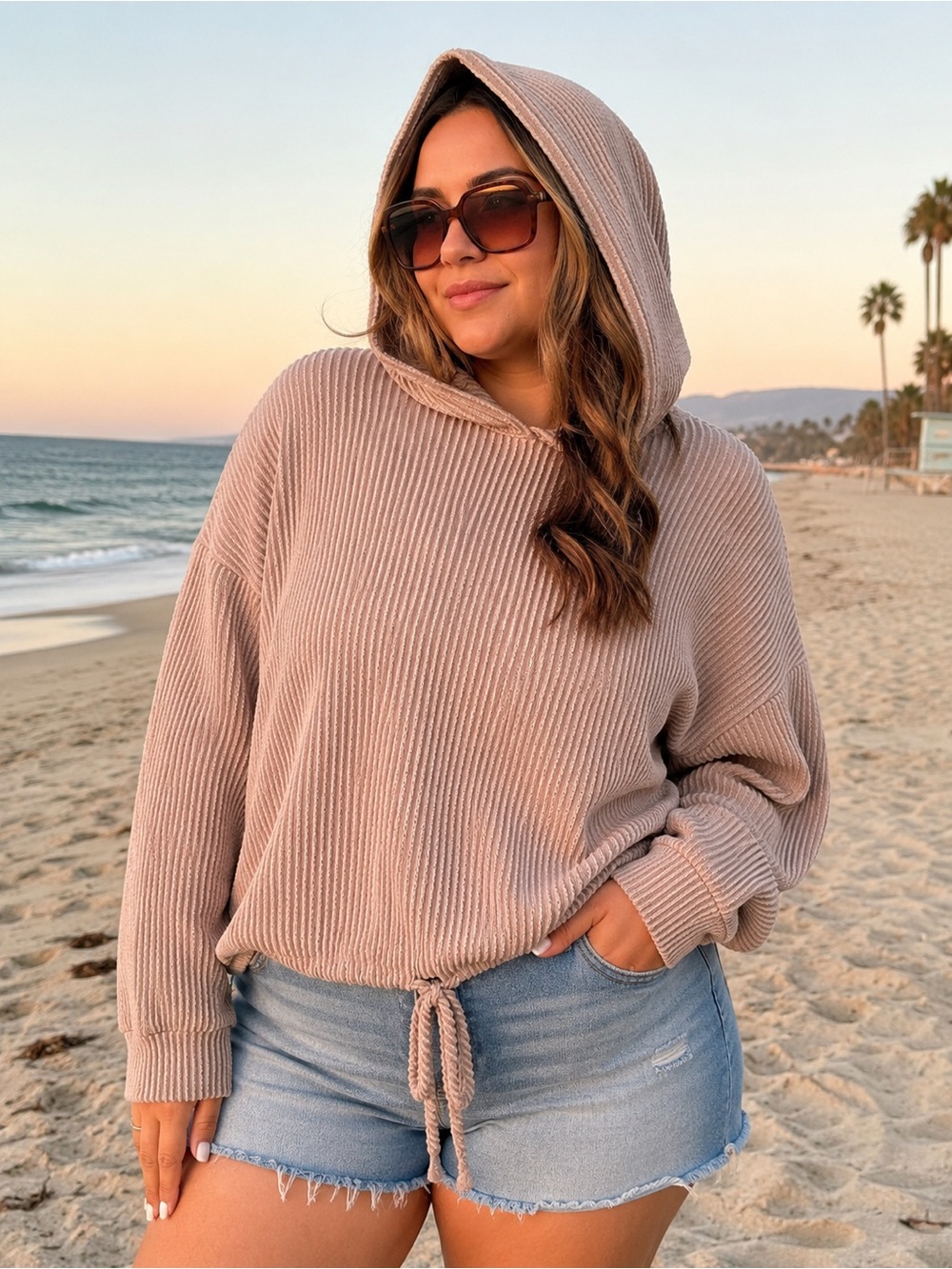 Light Taupe Ribbed Hoodie Top